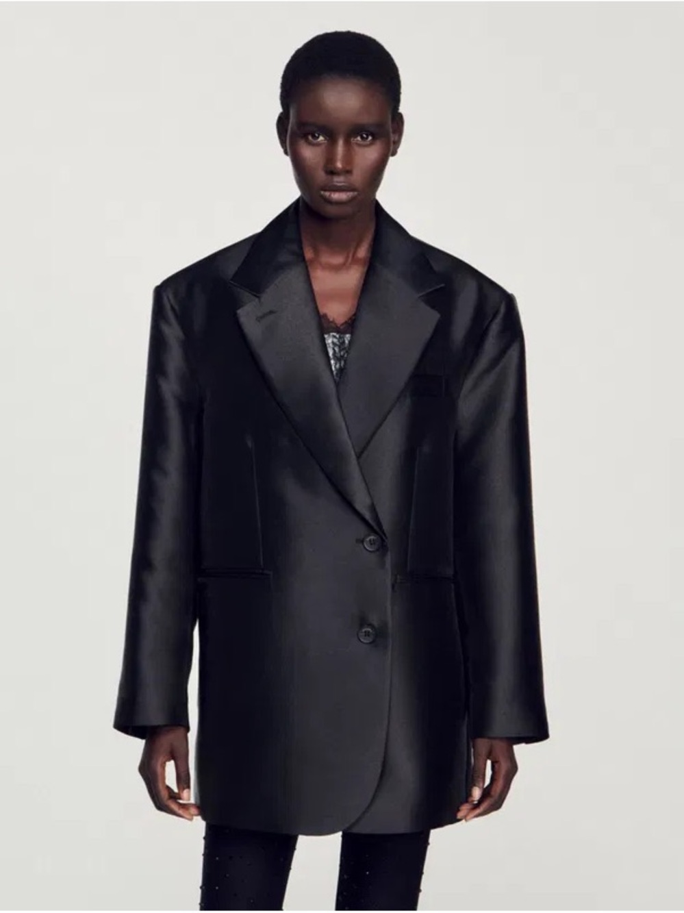 NWT Sandro Oversized Black Satin Blazer